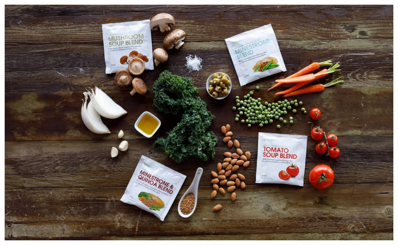Prolon's Mushroom Soup, Menestrone Blend, Minestrone & Quinoa Blend & Tomat Soup Blend shown with their ingredients